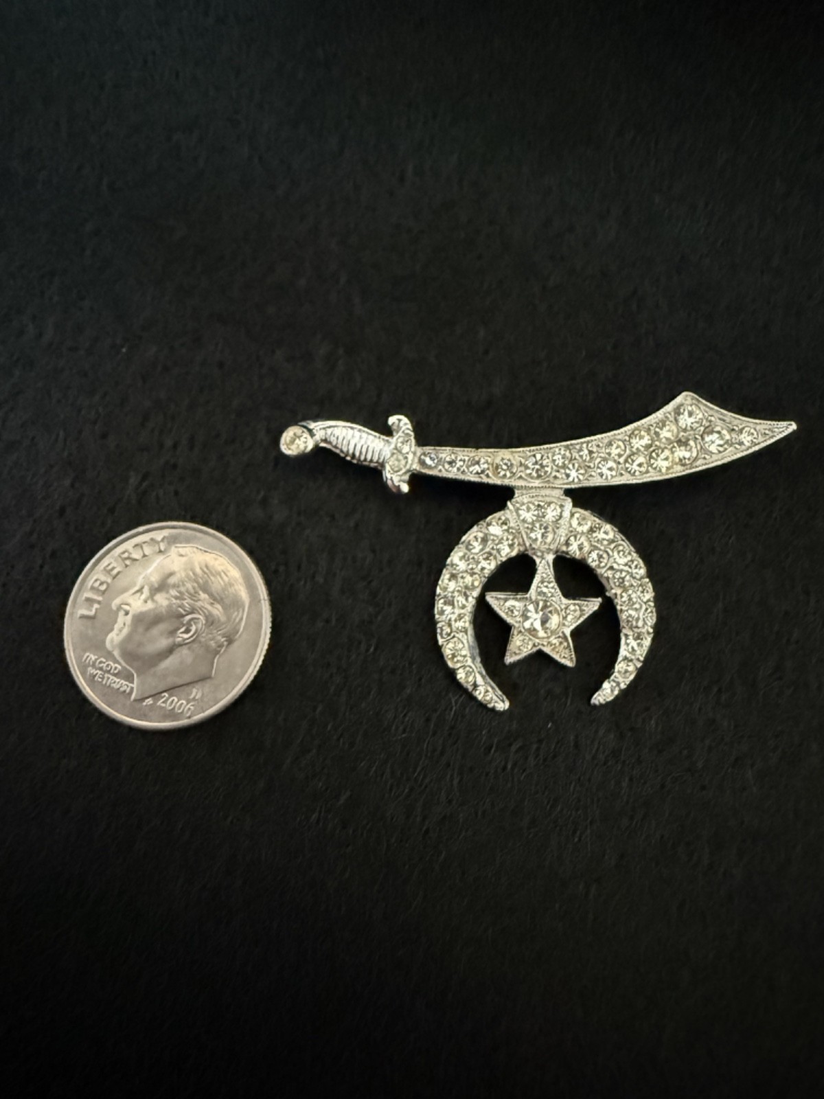 Vintage Silver Tone Masonic Scimitar Sword Cresent Star Clear Rhinestone Brooch