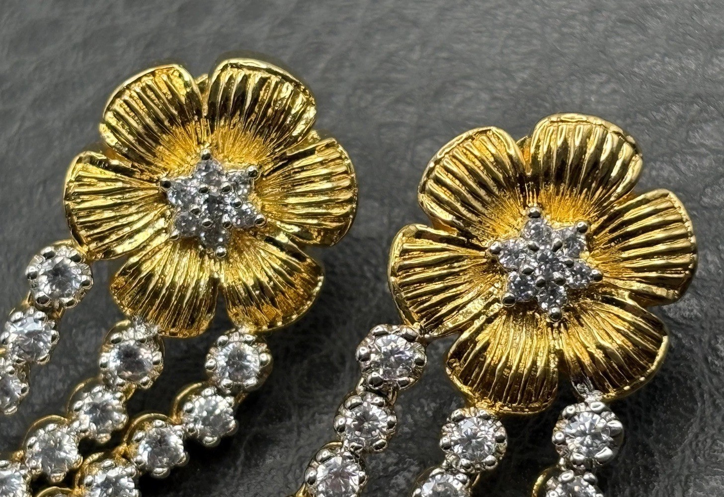 Gorgeous Cubic Zirconia Flower Gold Plated Chandelier Drop Pierced Earrings