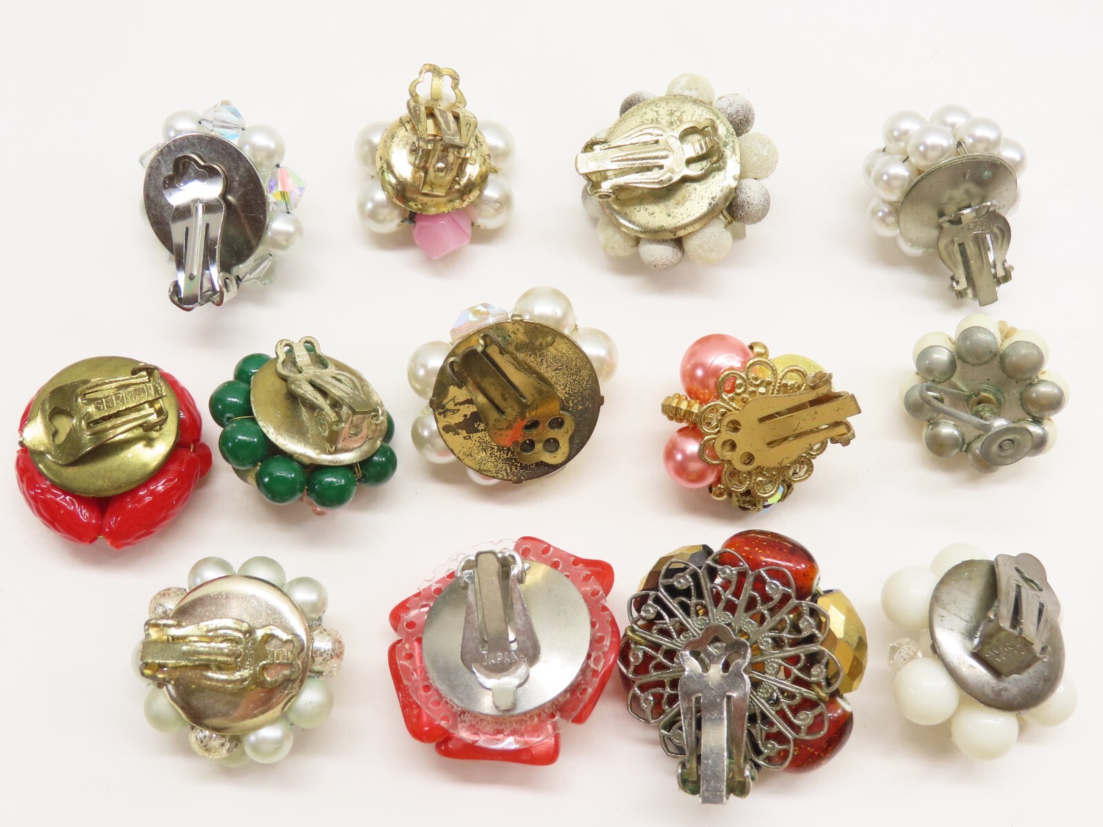 VTG Earrings Cluster Bead Clip On Some Japan Faux Pearl Lucite Plastic + D2542