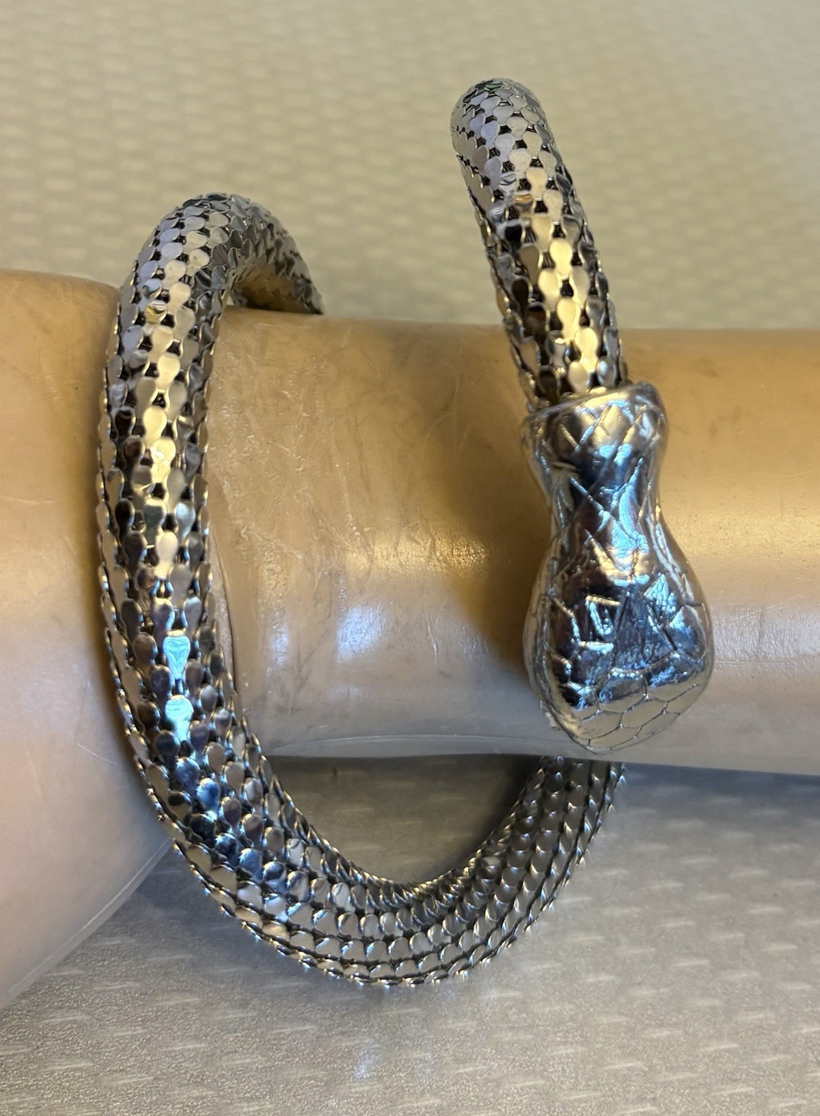 Vintage Silvertone Mesh Snake Wrap Bracelet Crystal Marquise Eyes unsigned