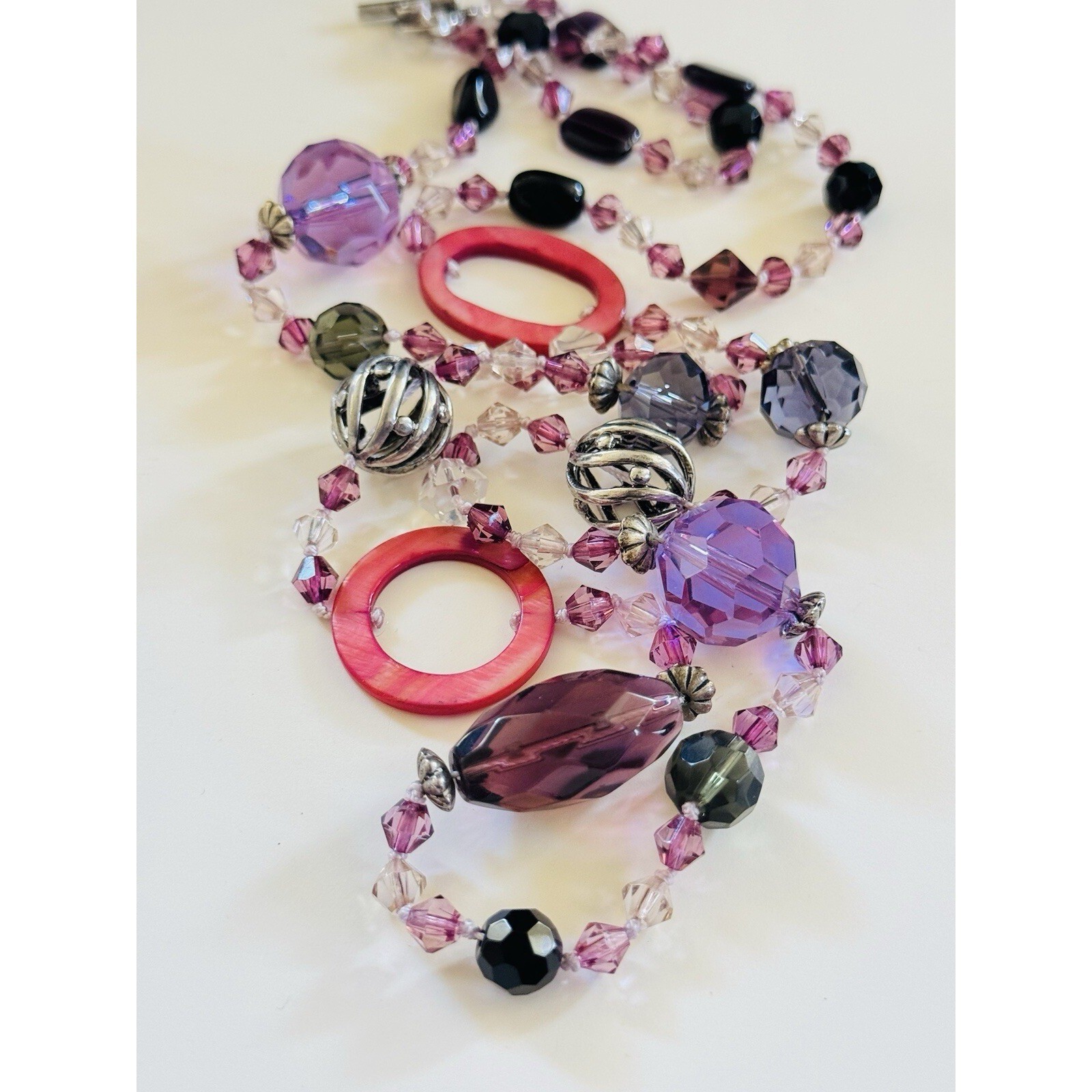 Vtg Necklace 90s Crystal Purple Pink Faceted Beads Mother Of Pearl Beads 40″