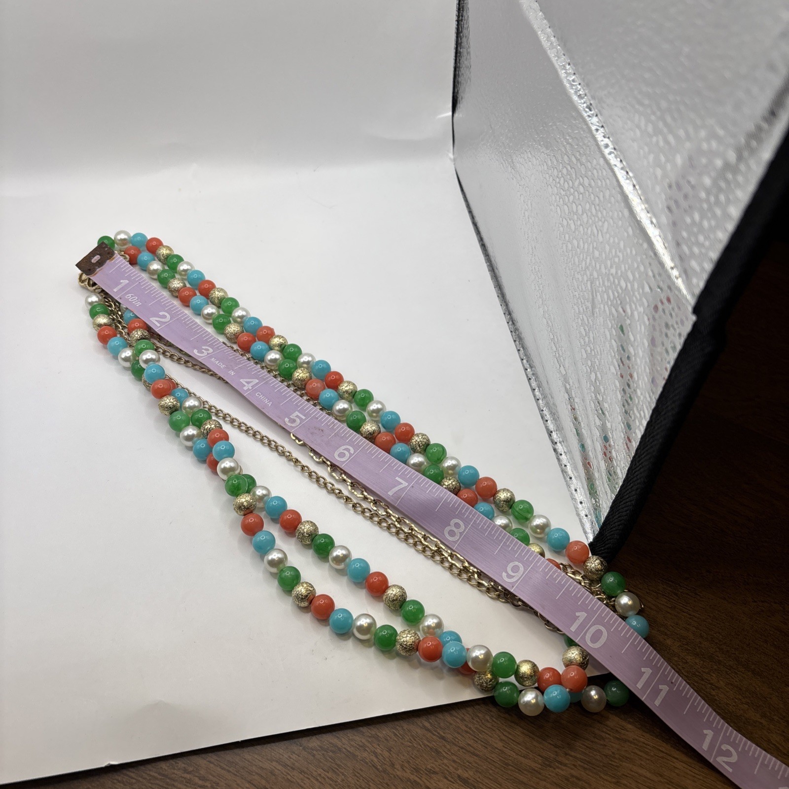 Vintage Gold Toned Multi Strand Necklace, Earring, Bracelet Set Multicolored