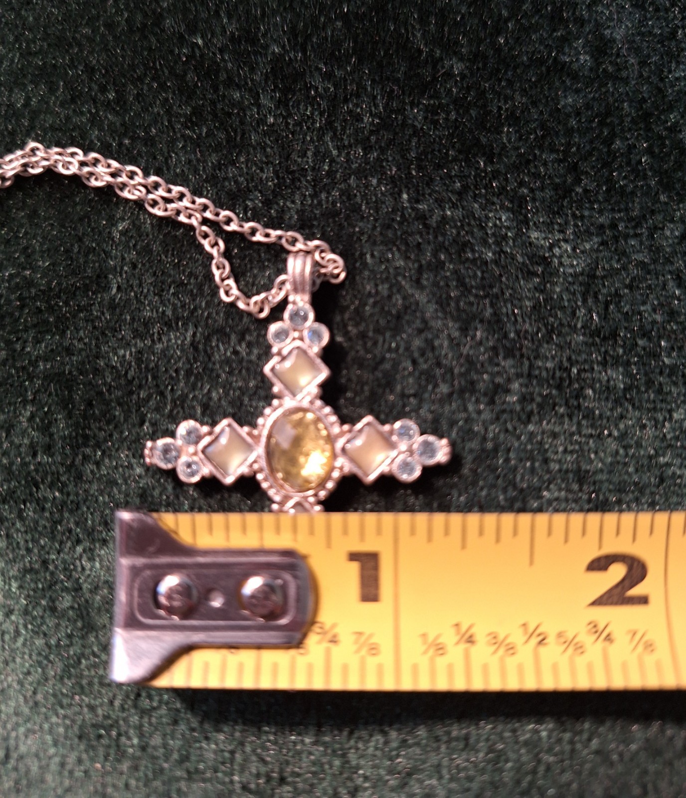 Vtg Premier Design Silver-tone Faux Citrine & Peridot Cross Pendant Necklace