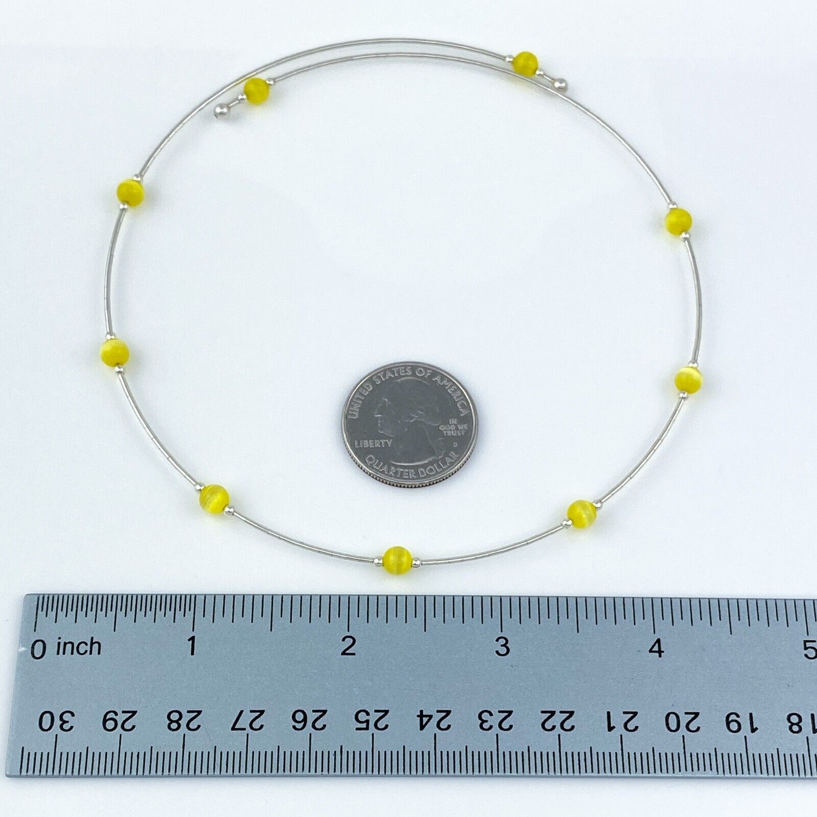 Sterling Silver Memory Wire Yellow Simulated Cat’s Eye Bead Choker Necklace 16″