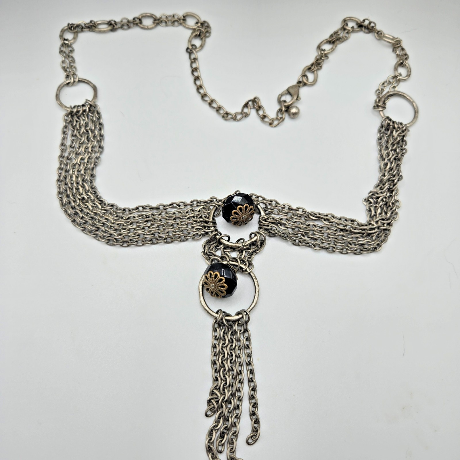 VTG Statement Necklace Layered Chain Black Beads Silvertone 18 in overall length