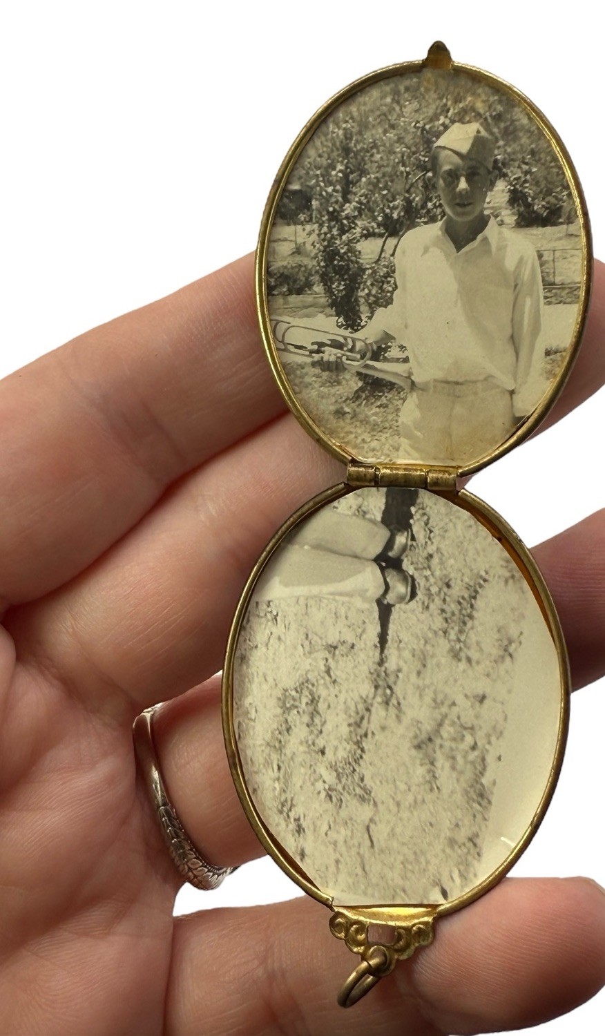 Vintage Victorian Revival Cross Black Photo Locket WWII Military Bugler Solider