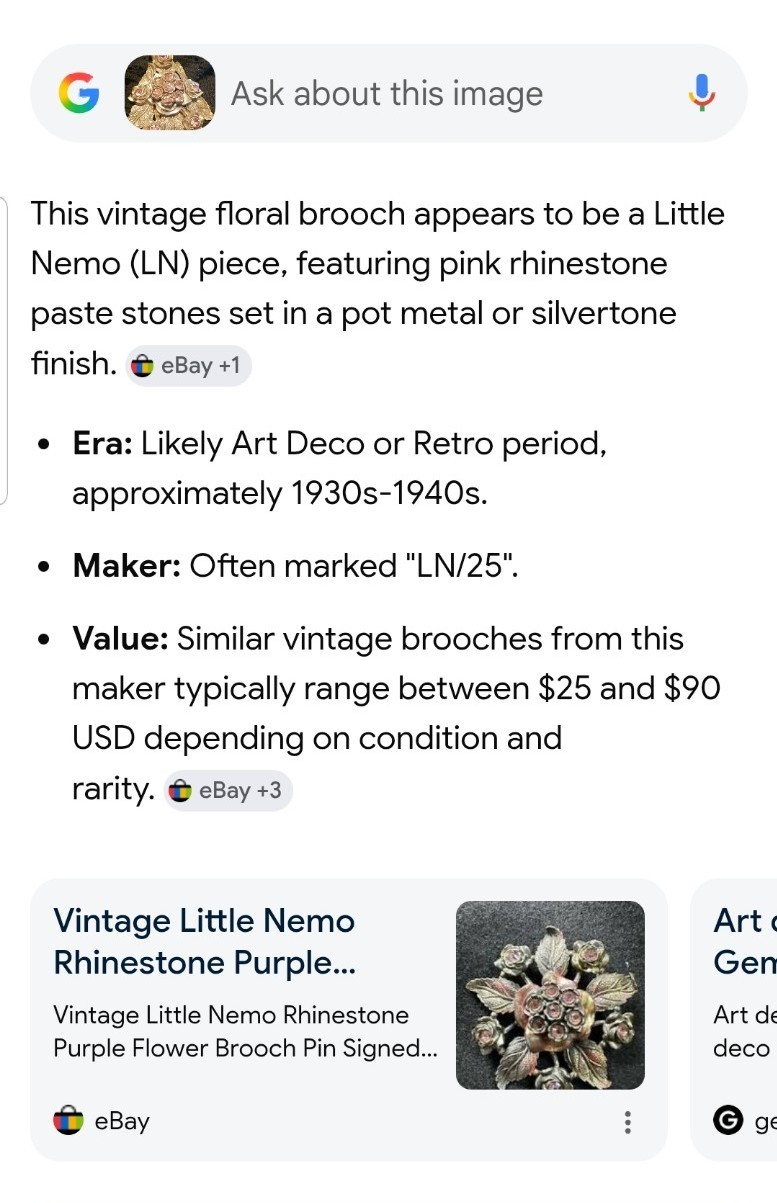Little Nemo Antique Dress Clip, 3 Inch Signed, LN/25, Pink Rhinestones & Silver