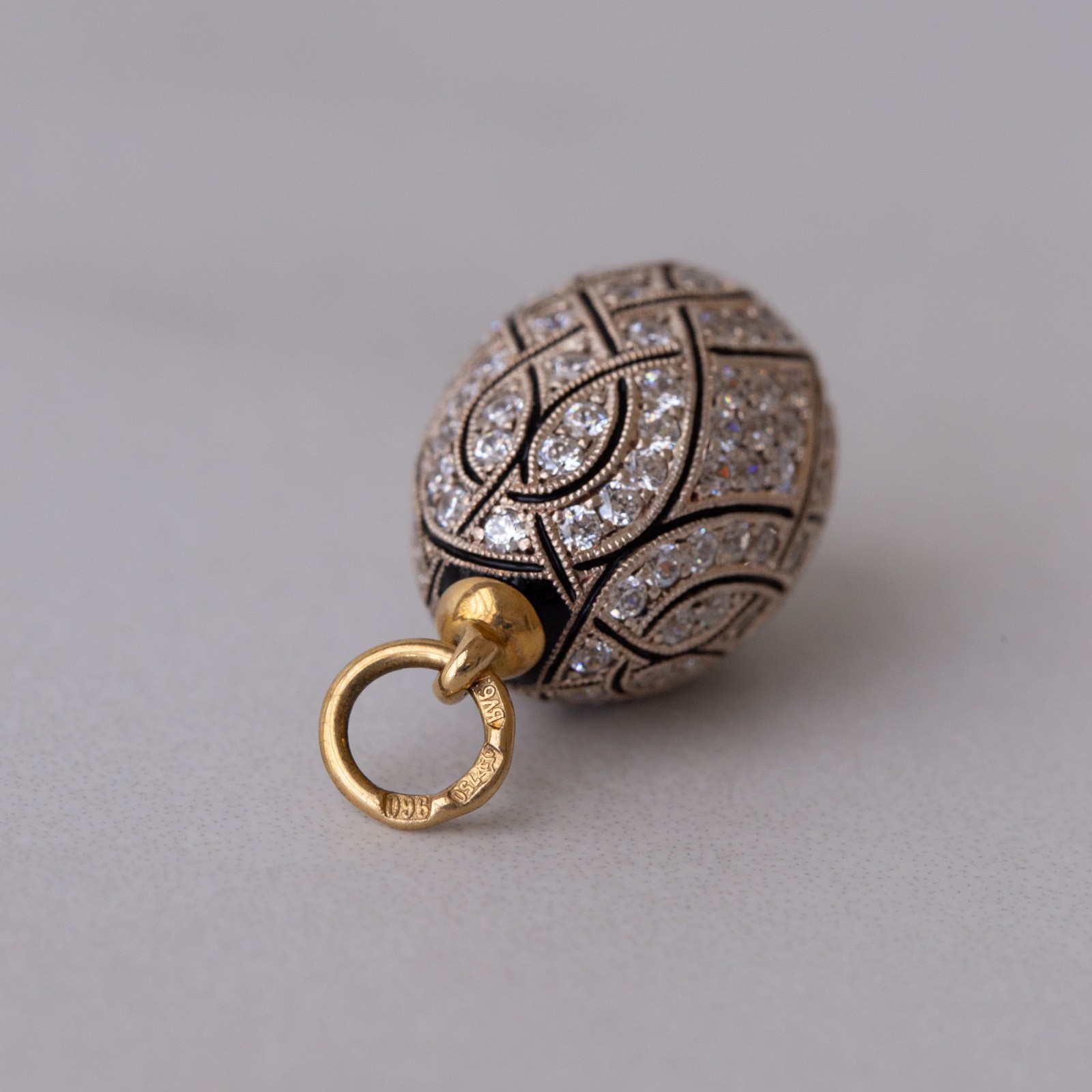 Vintage Soviet Era c.1990 Fully Pavé Enamel Egg Pendant 18k 750 Gold 960 Silver