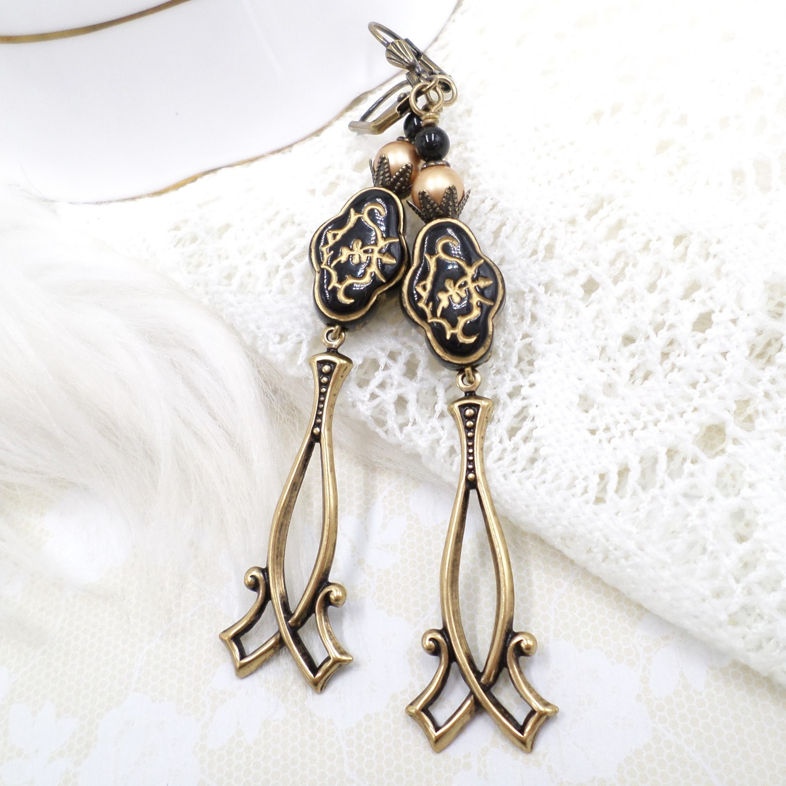 Antique Brass Dangle Earrings Black Gold Floral Acrylic Beaded Victorian Jewelry