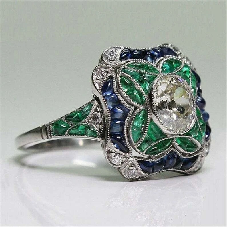 Art Deco Round Lab Created Diamond & Emerald Wedding 14Ct White Gold Finish Ring