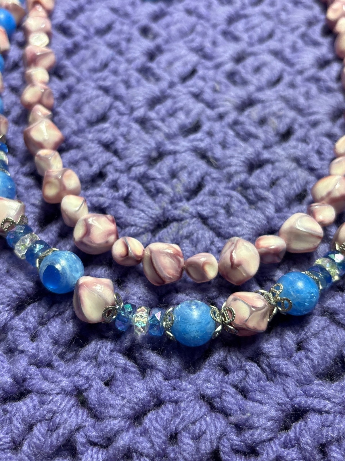 Vtg 2 Strand Plastic Beaded Necklace Pink Blue AB Silvertone Hooks 21 in. 24 in.