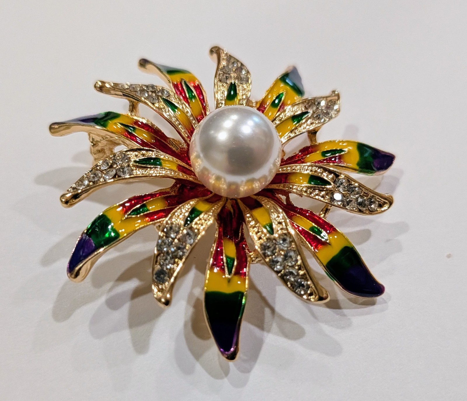 Rainbow Brooch Rhinestone Faux Pearl Gold Tone Vintage Style 2″