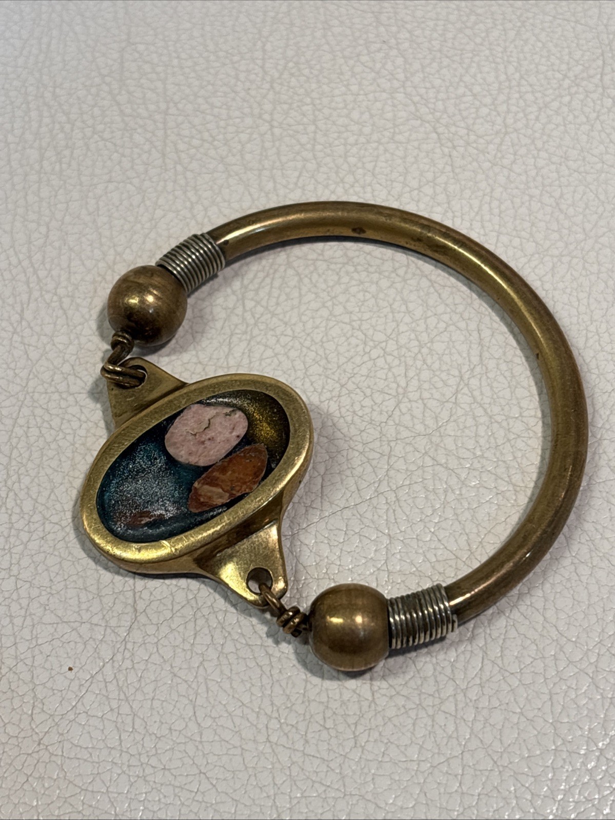 Vintage Artisan Brass Enamel Stone Cuff Bracelet Southwestern Boho Handmade
