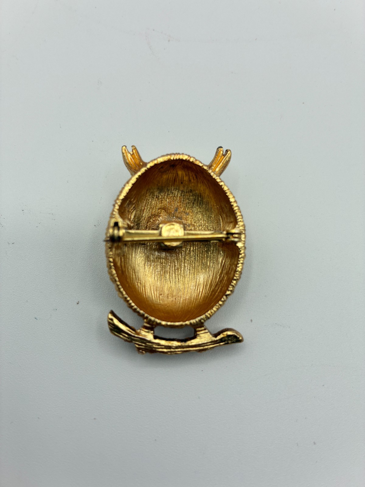 Vintage Gold Tone Owl Brooch Pin Rhinestone Green Eye Gems Mid Century