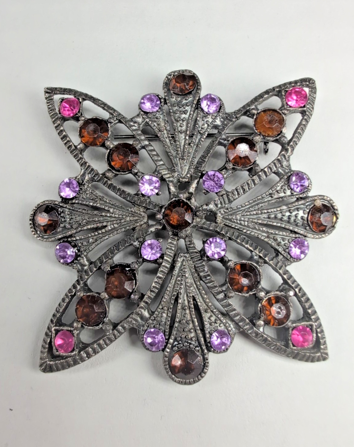 Vintage Rhinestone Brooch Filigree Pink Purple Amber Floral Pin Estate Jewelry
