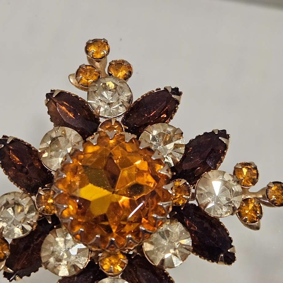 Judy Lee Vintage Golden Brown Yellow Stones Layered Flower Gold Tone Brooch Pin