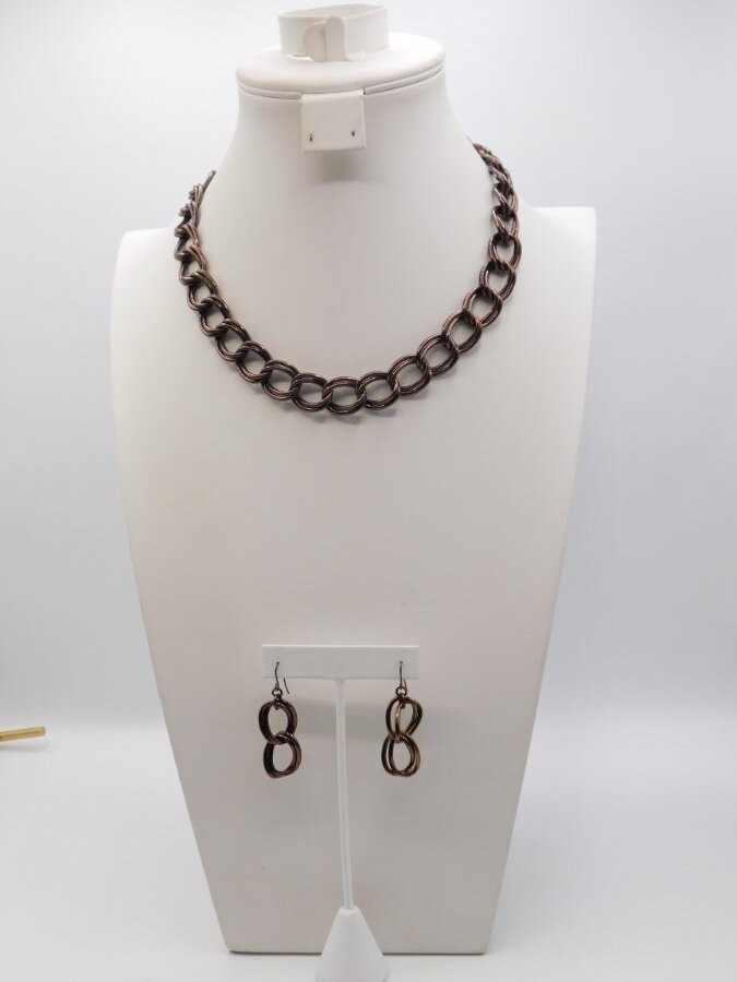 A721-VINTAGE NECKLACE/PIERCED EARRINGS SET~DOUBLE LINKED~BRONZE COLOR