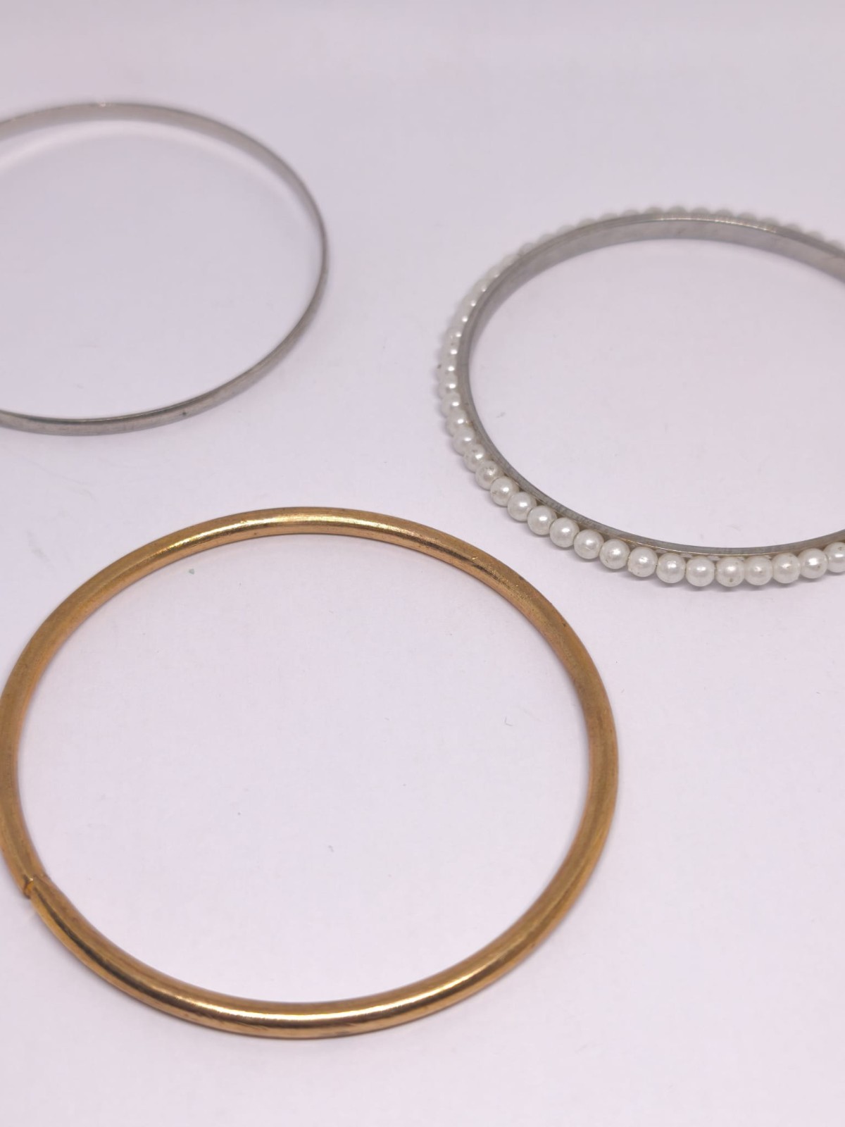 Vintage Bangle Bracelet Set of 3 Faux Pearl Gold Tone Silver Tone Stackable Bang