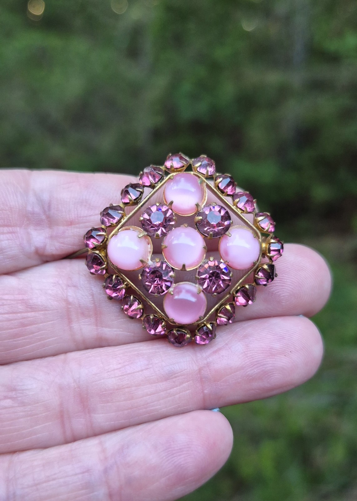 Art Deco Pink Satin Czech Glass Rhinestone Brooch Pin 1.25″