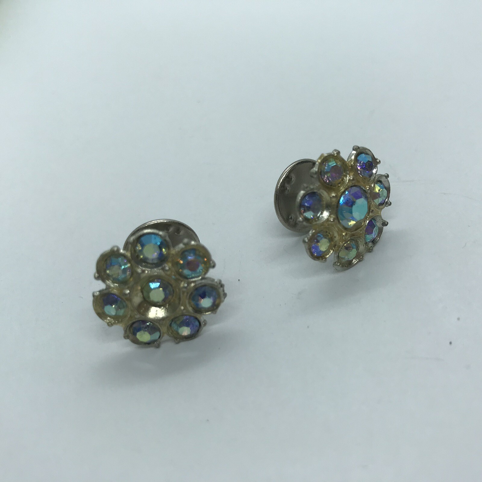 Vintage Scatter Pins Pot Metal Rhinestone set of 2 flower shape aurora borealis