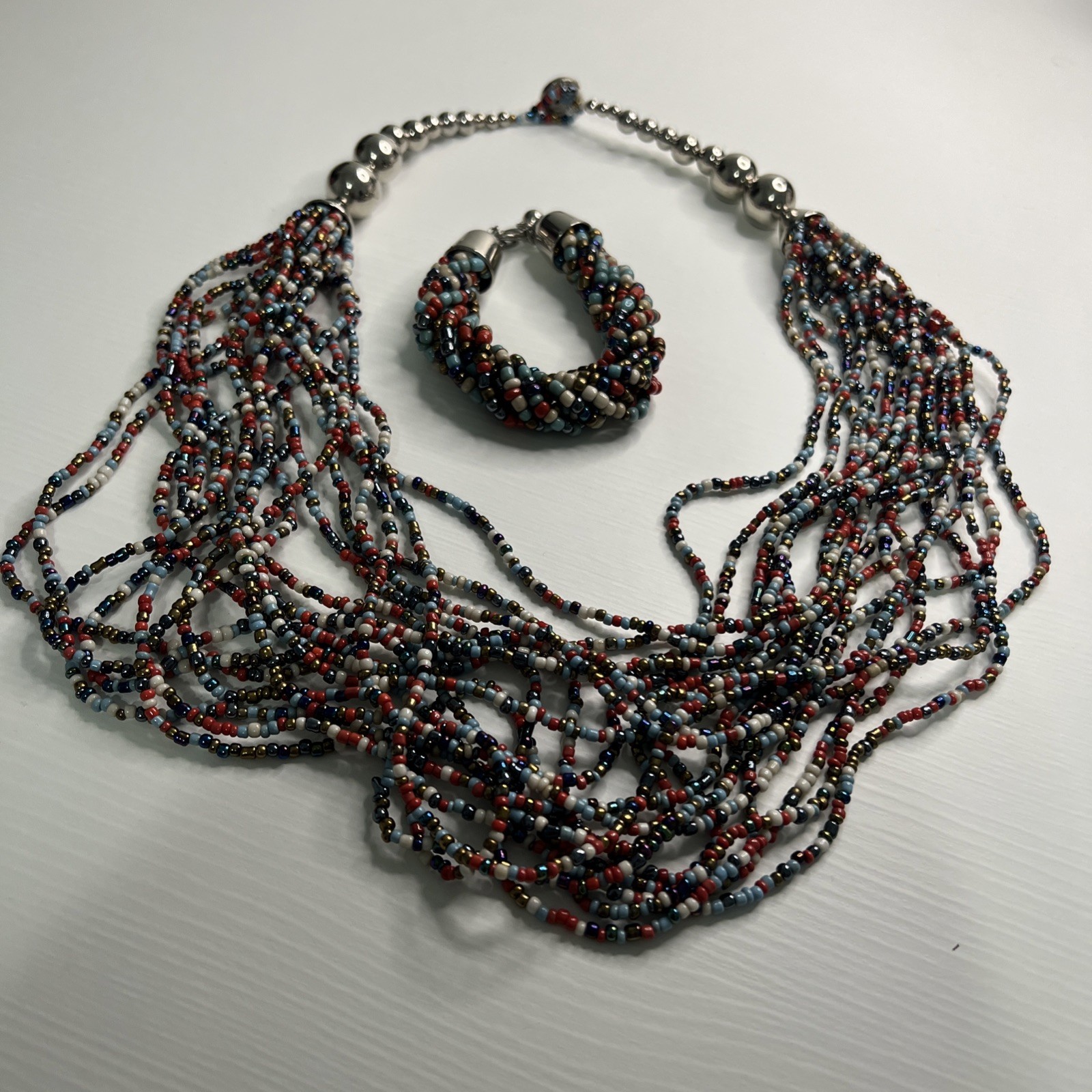 Multicolored Bead Multi Strand Statement Silver Tone Necklace Bracelet Set