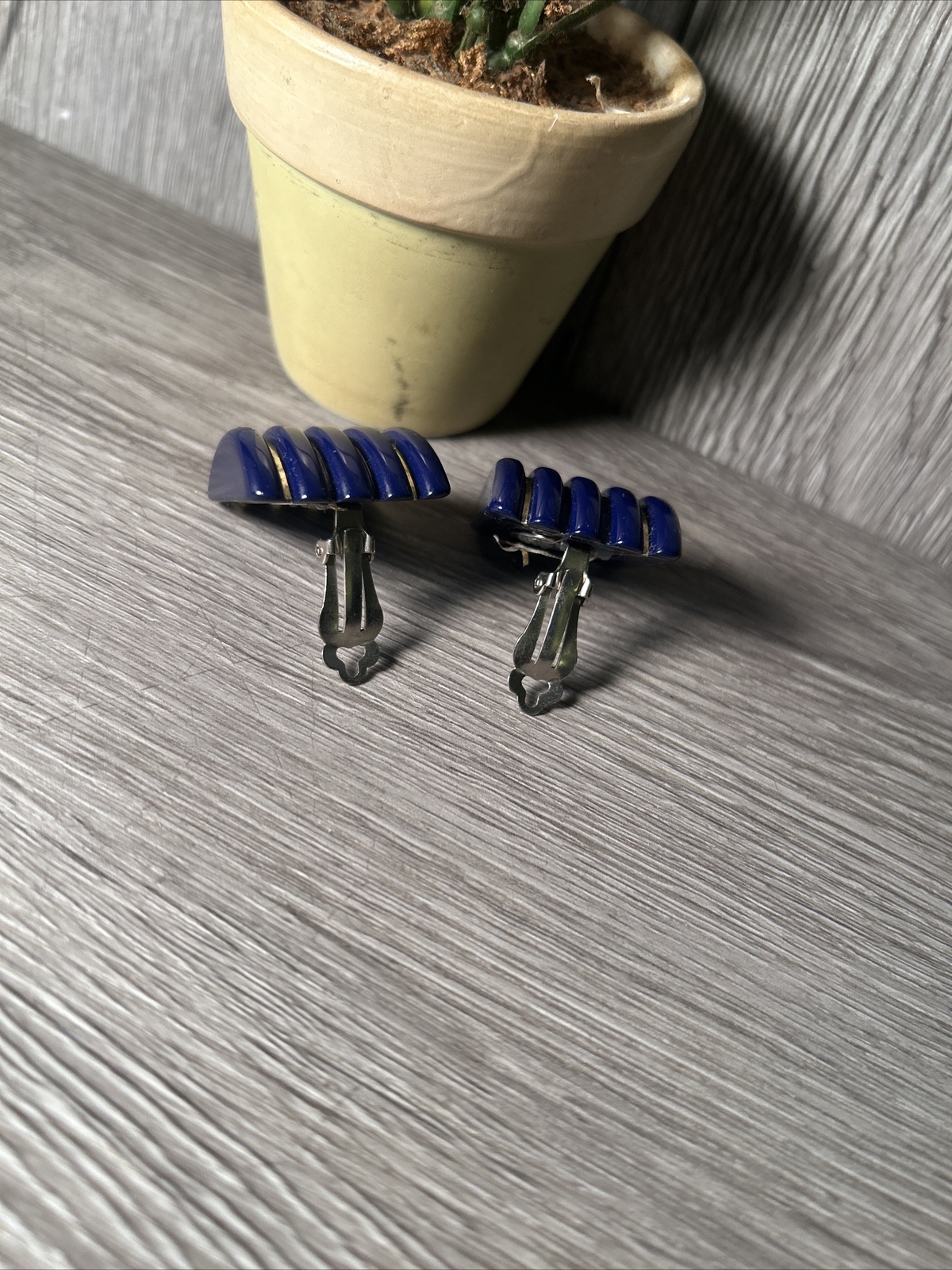 Clip on Earring Navy Blue with Gold Inlay Stripes Enamel. Any occasion.