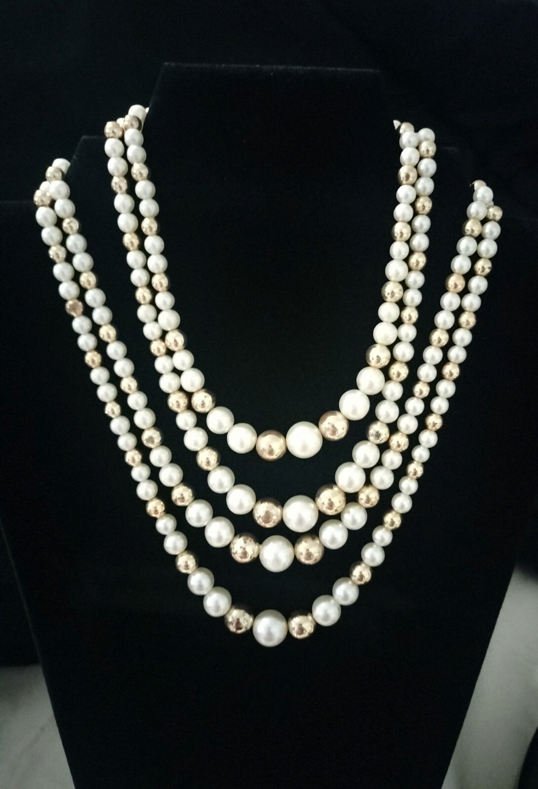 Vintage Multi Strand Faux Pearl Necklace White Gold Tone Decorative Hook Clasp 1