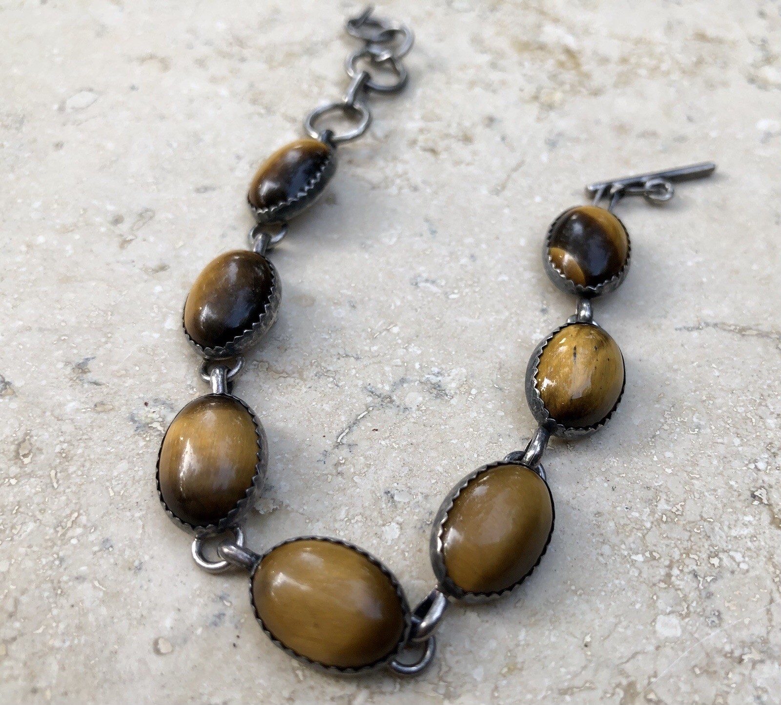 🐯🖤 ✨VINTAGE STERLING SILVER TIGER’S EYE OBSIDIAN Toggle Bracelet Set LOT ✨🖤🐯