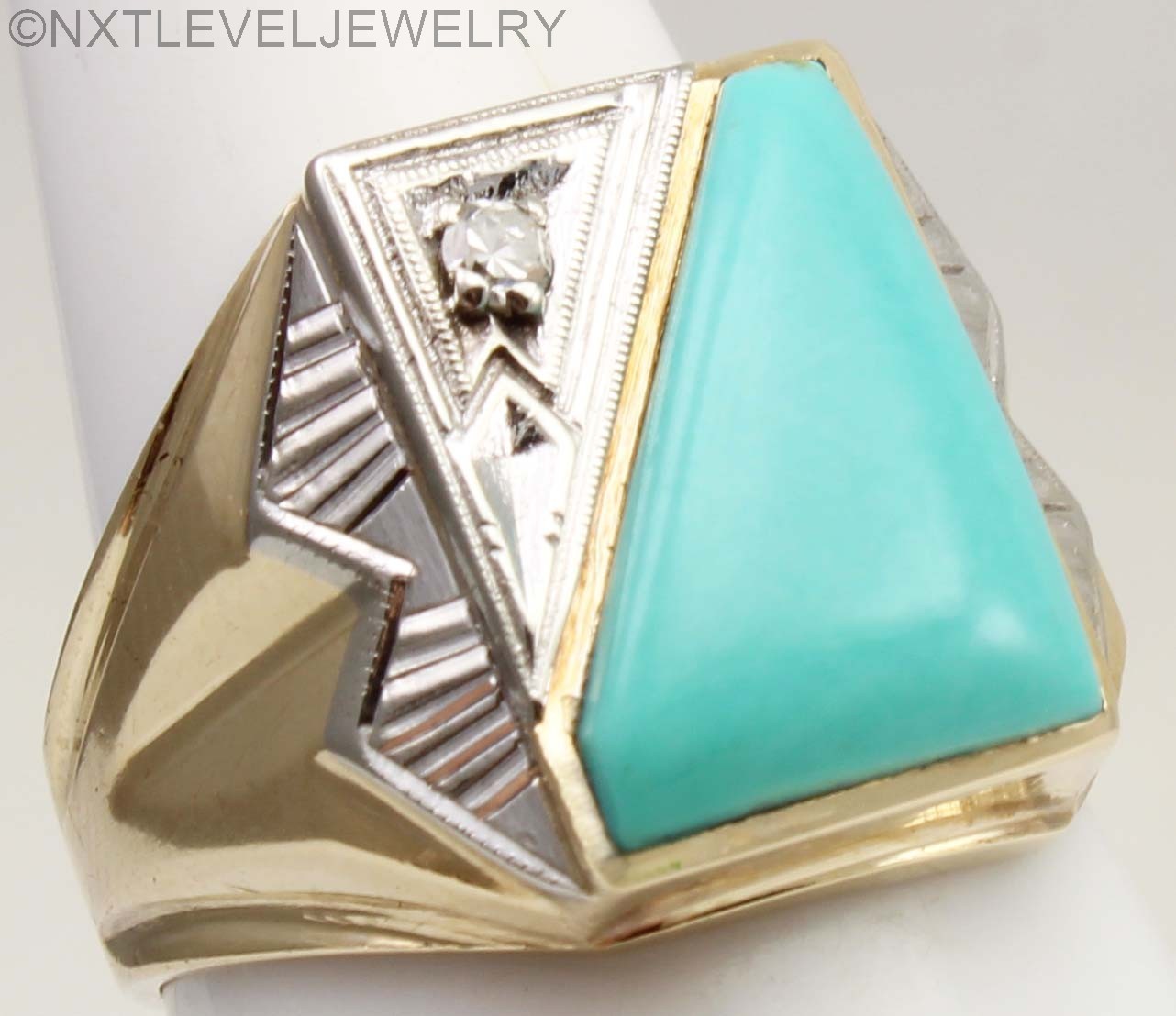 Antique SIGNED Art Deco Robin’s Egg Turquoise & Diamond 10k Solid Gold Mens Ring