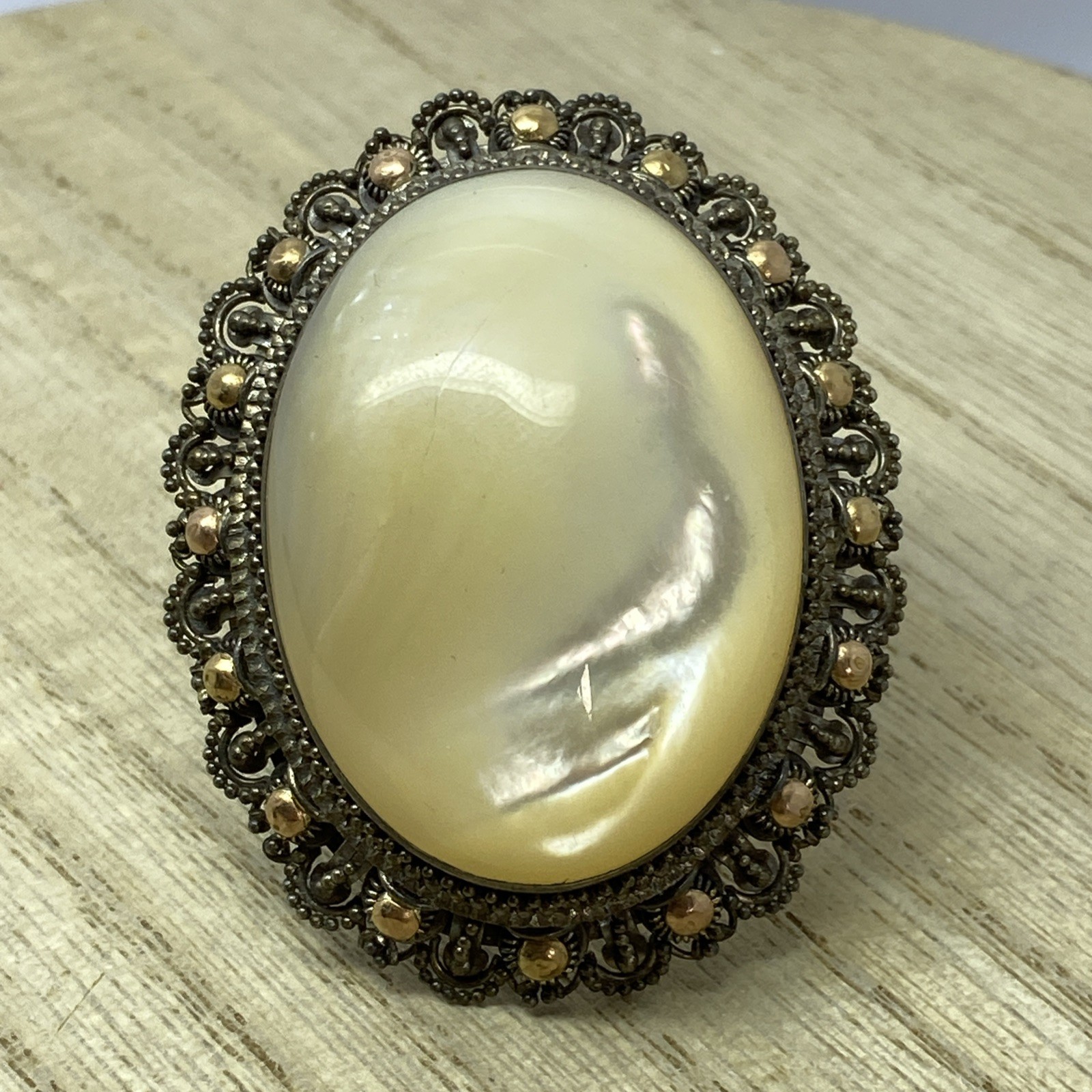 Large Mother Of Pearl Brooch Set In Sterling And Gold Filled Accents
