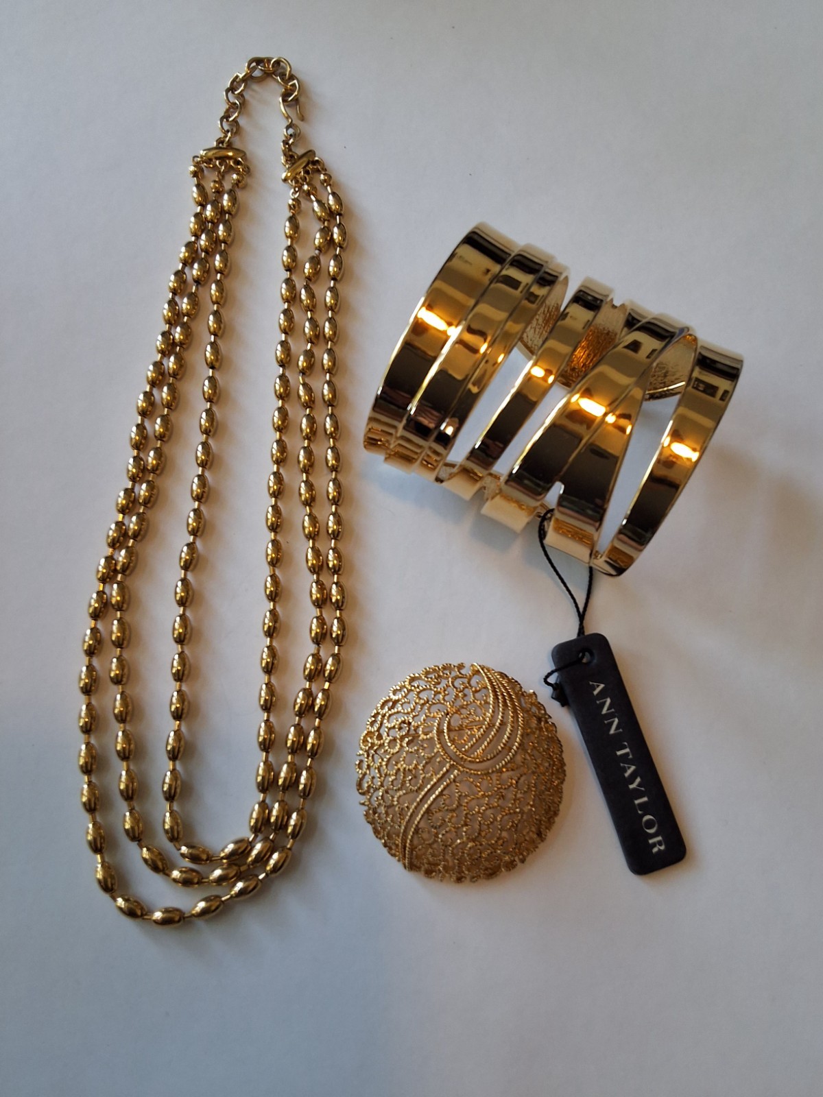 Gold Tone Monet Necklace, Ann Taylor Bracelet and Brooch.