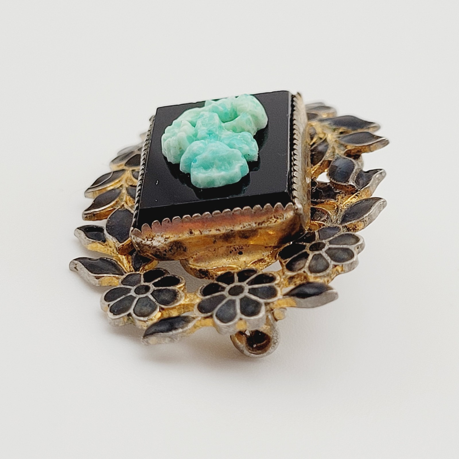 Nouveau Peking Glass Floral Victorian Mourning Brooch Style 1930s Vintage Brooch