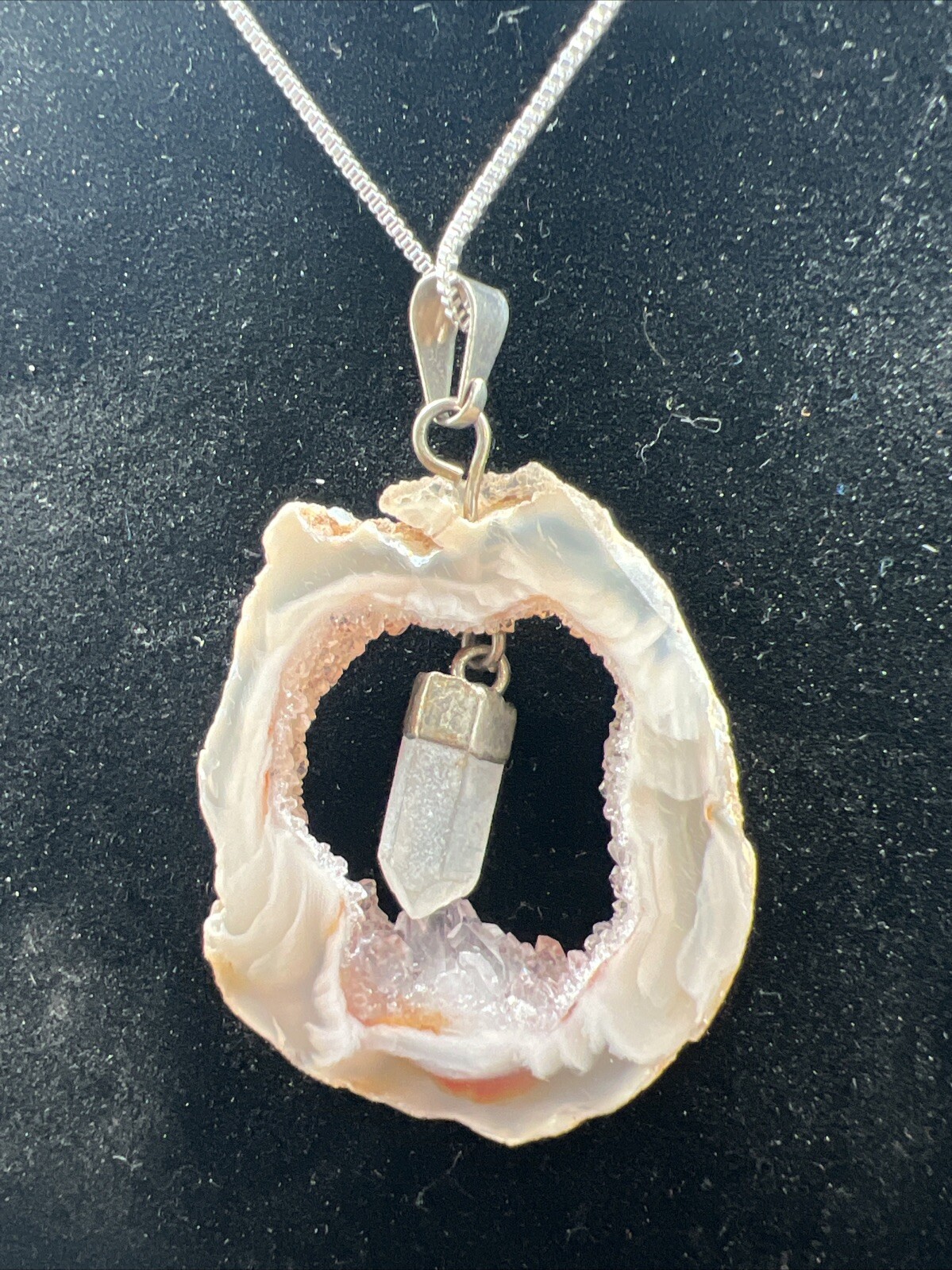 Vintage Druzy Quartz Sliced Pendant On 20″ Sterling Box Chain 10.9 Grams