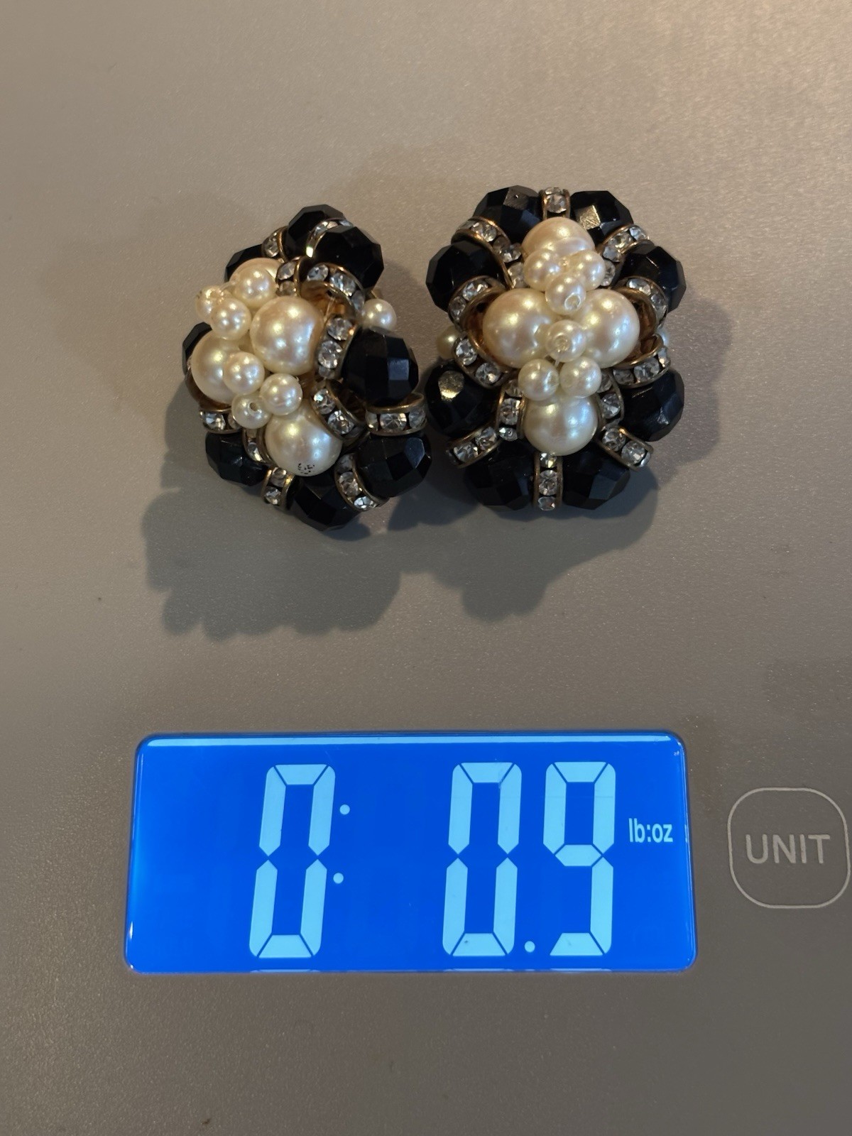 Vintage Muti- Faceted Black Cluster Bead Faux Pearl Earrings with Rhinestones