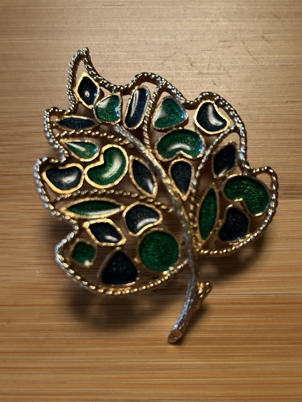 VTG MCM Florenza Link Bracelet & Leaf Brooch Set-Gold Tone, Blue & Green Enamel