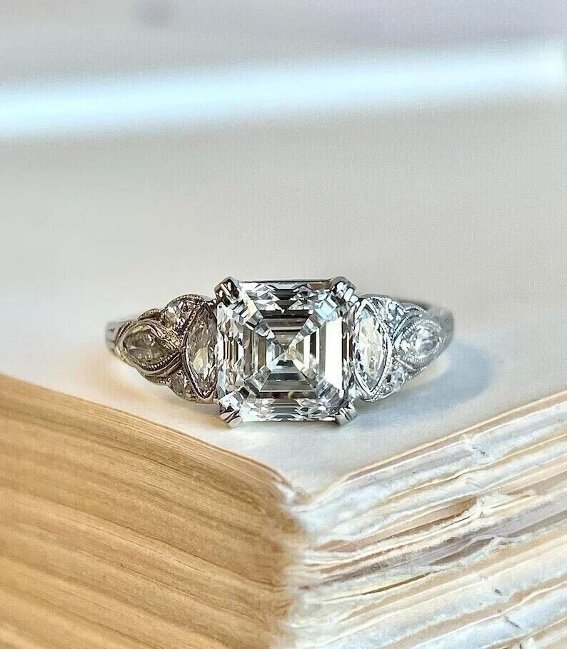 2.7Ct Asscher Cut VVS1 Lab Created Diamond Engagement 14K White Gold Finish Ring