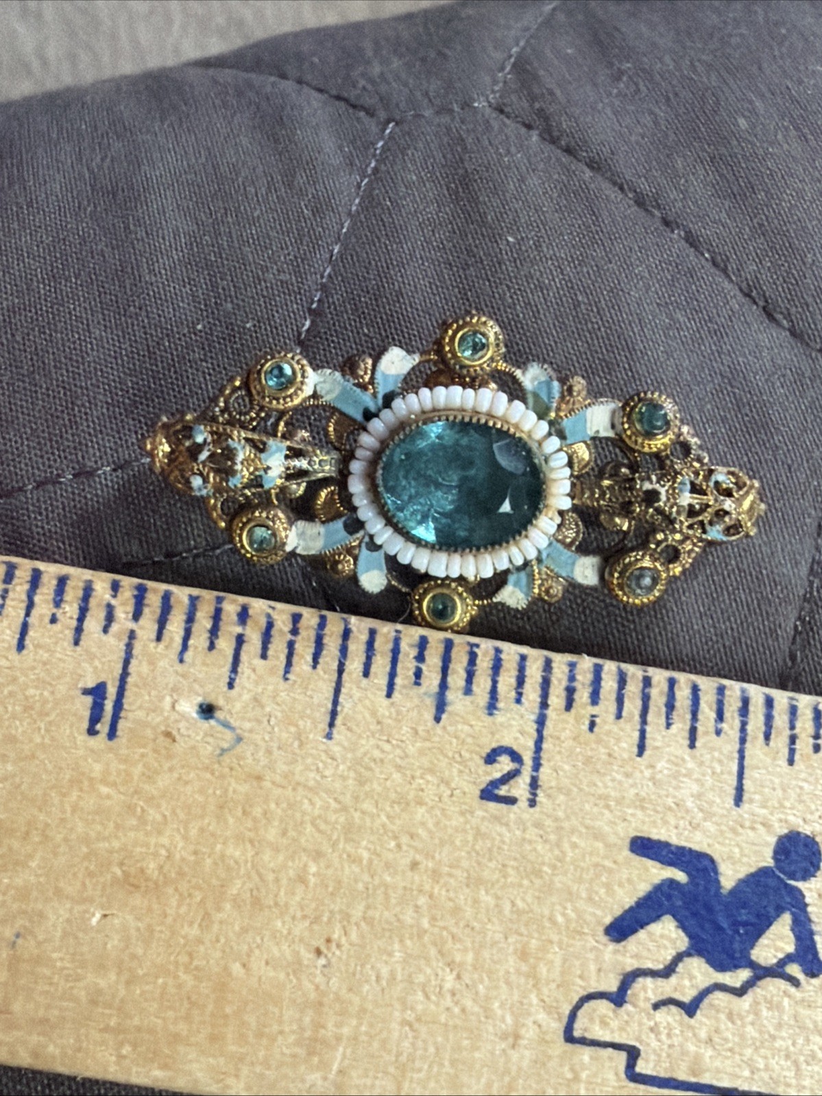 Antique Signed Czechoslov White Beads Enamel Brooch Blue Glass Stone Pin