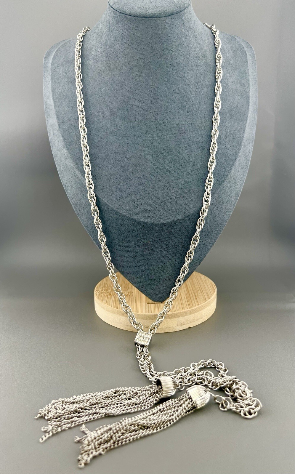 Vintage Tassel Necklace Rhinestone Bolo Style Silver Tone Chain 26”