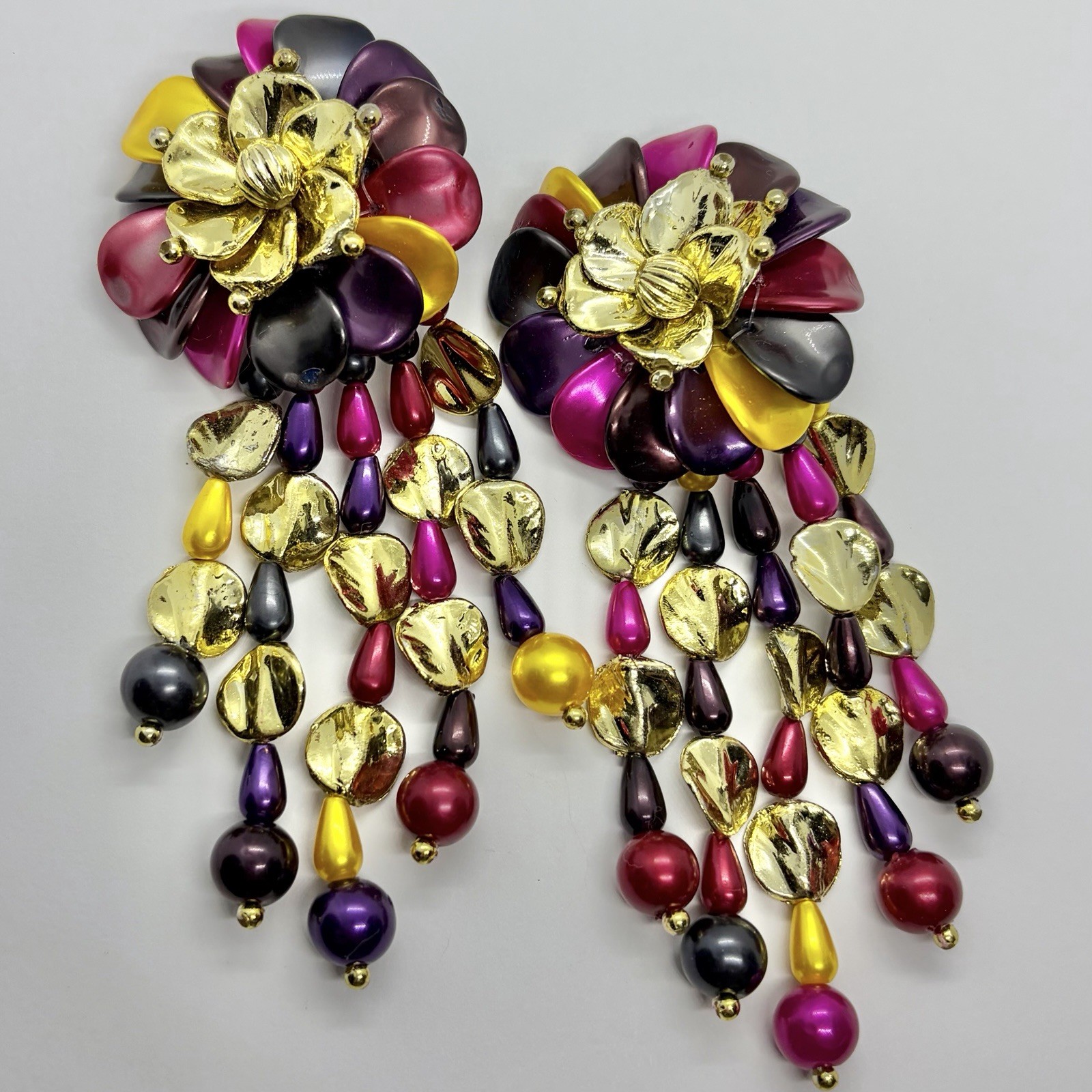 Vtg XL Runway Lucite Multicolor Chandelier Beaded Statement Earrings Clip-on Big