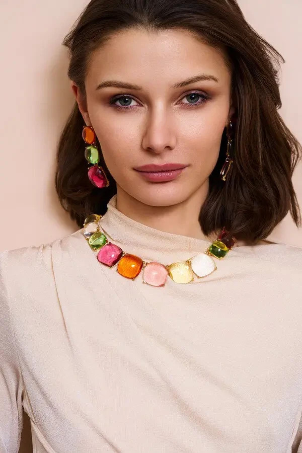 KJL Gripoix Resin Cabochon Gold Plated Collar Necklace & Earrings KENNETH © LANE