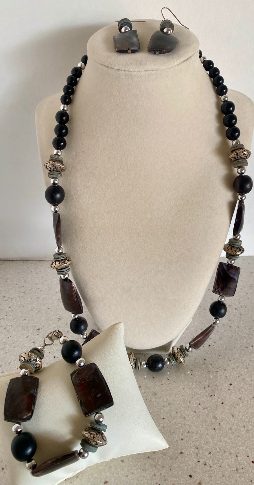 Vintage Beaded Gemstone Bracelet Dangle Earrings Necklace Set Brown Agate