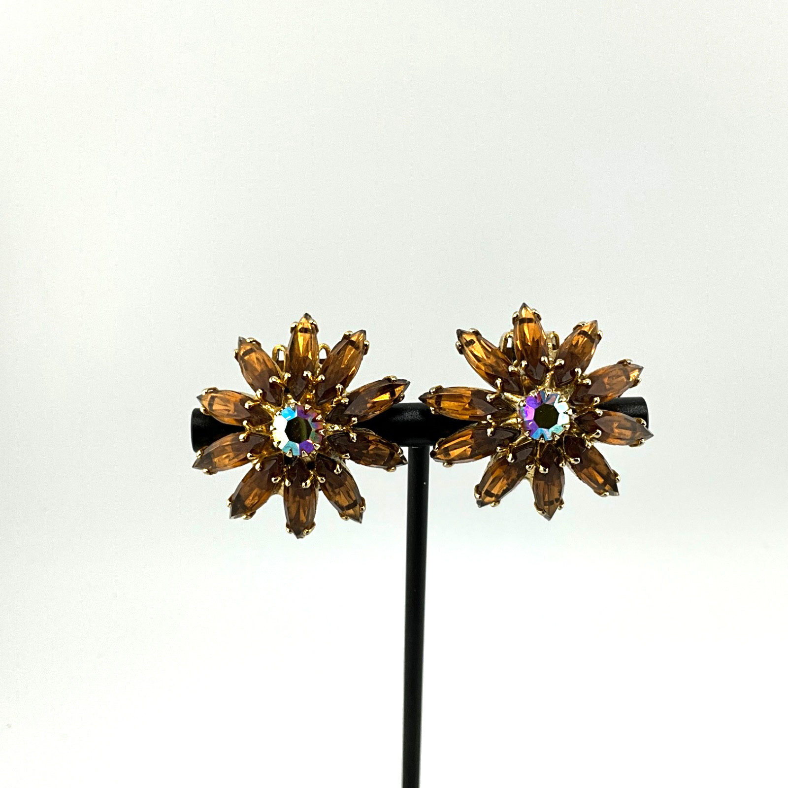 Vintage Mid Century Juliana Clip-On Earrings Navette Domed Amber AB Crystal