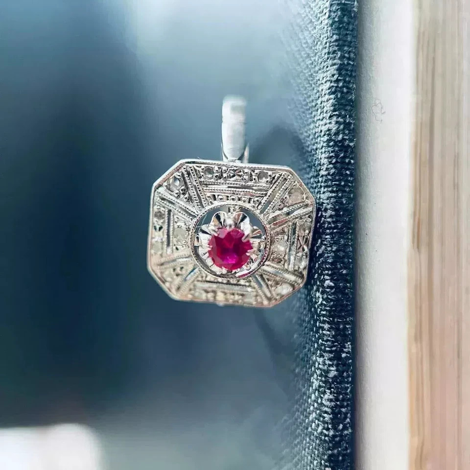 Art Deco Style Lab Created Diamond & Ruby Engagement 14K White Gold Finish Ring