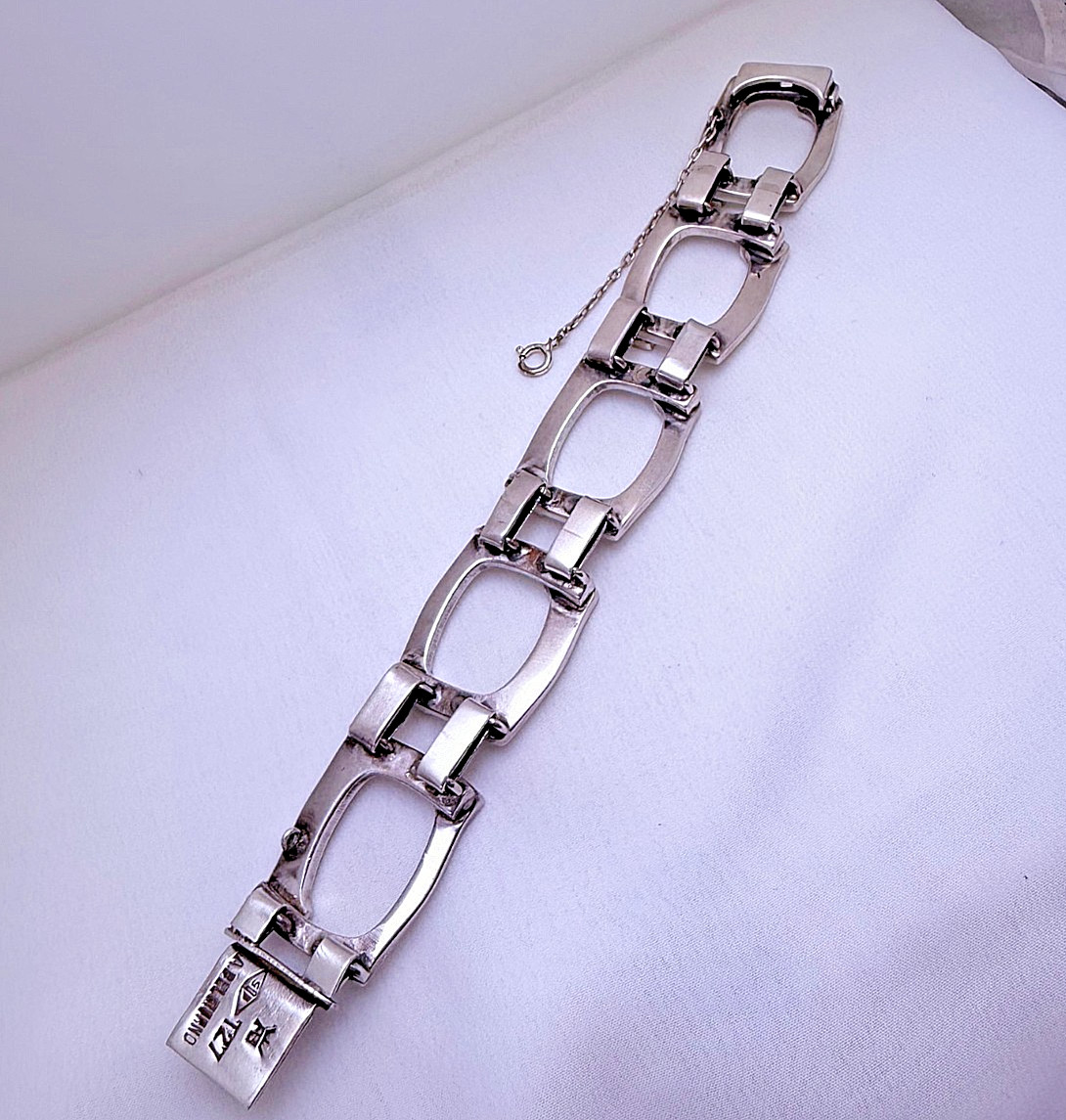Vintage Modernist Belgiorno 900 Silver Bracelet 1970s Argentina 95.3 g 7.25 in