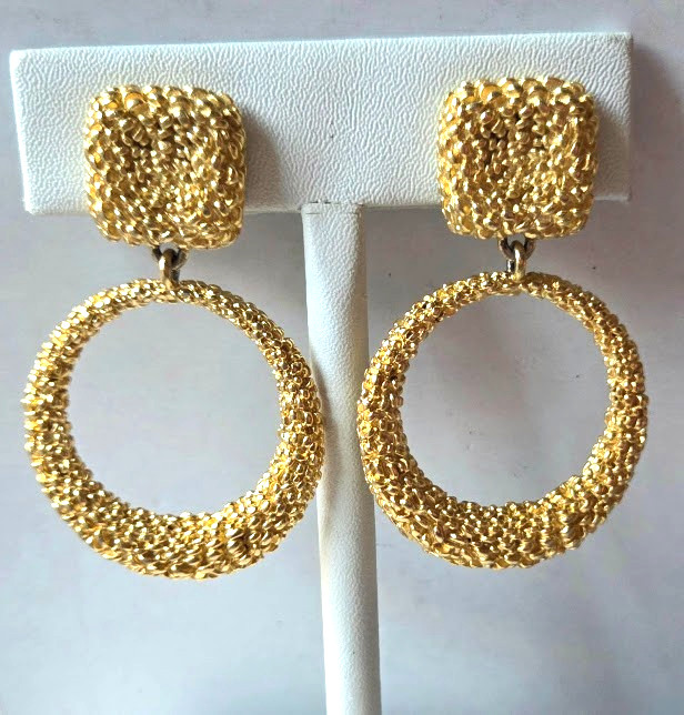Vintage Givenchy Paris New York Pebbled Gold Circle Clip On Earrings