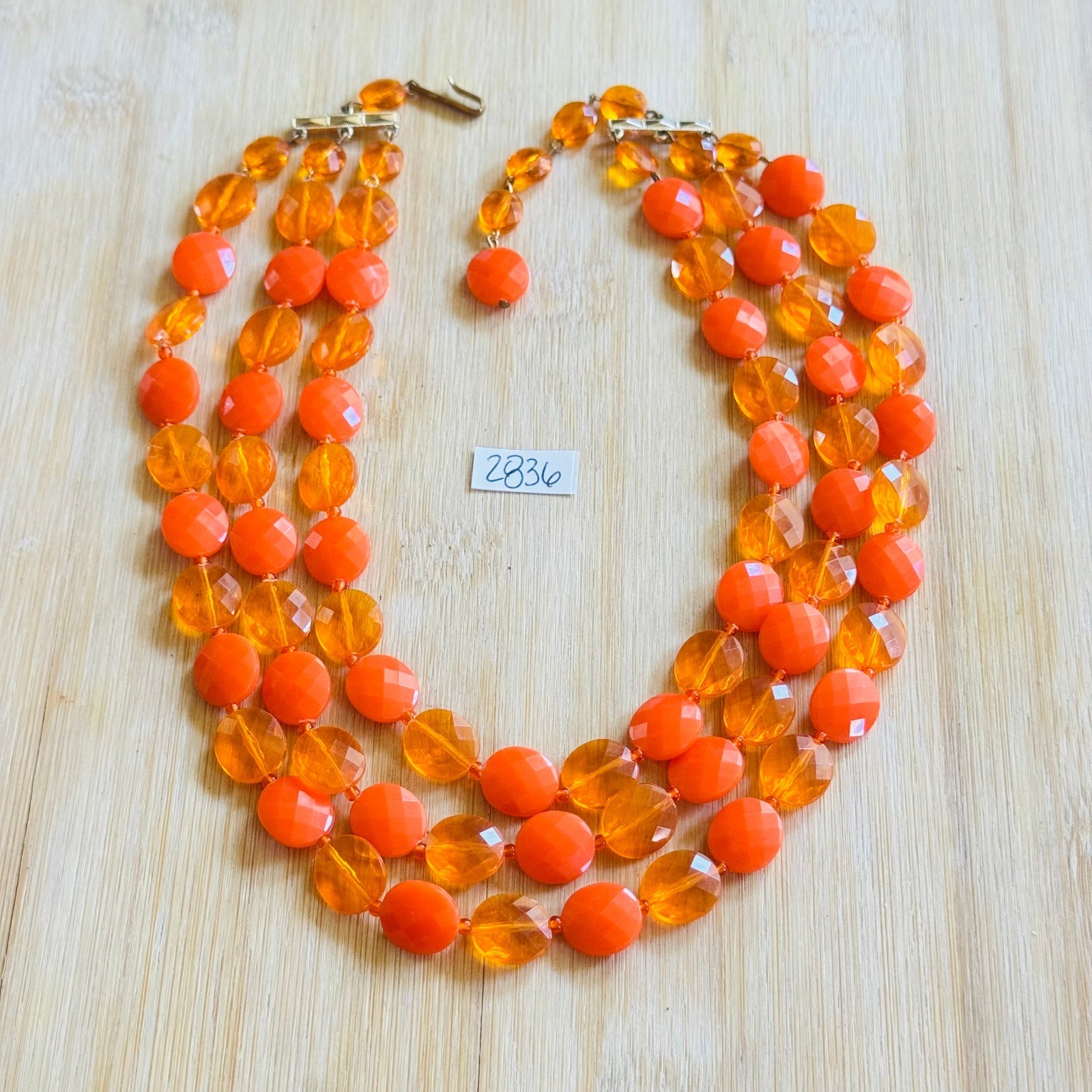 VTG Orange Lucite Beads Multi BIb Necklace Hong Kong Triple Strand Statement 50s