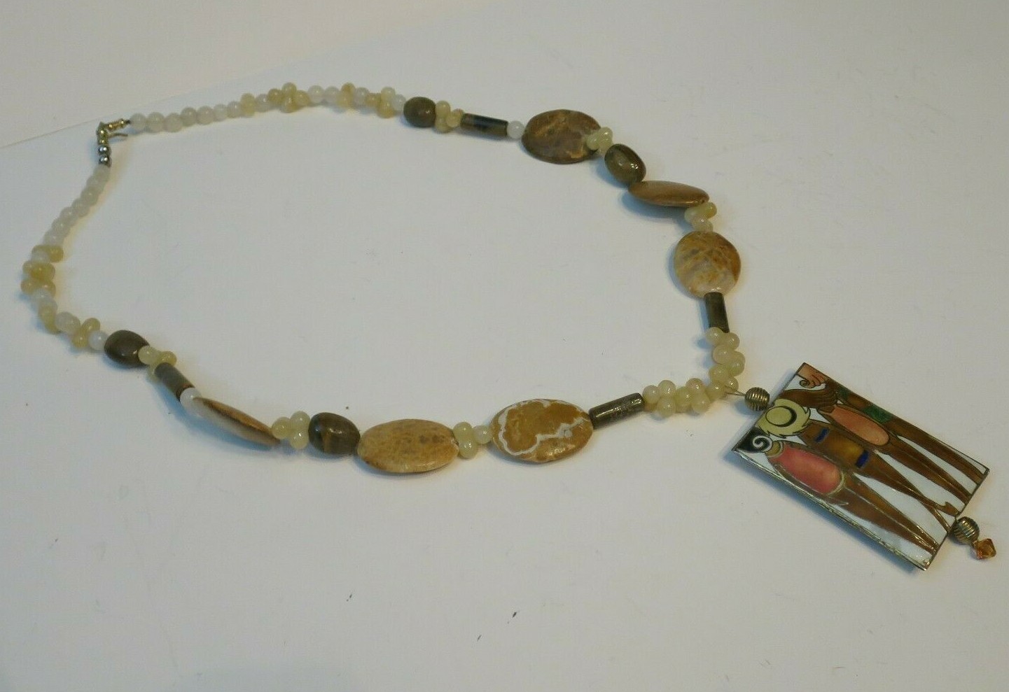 Art Deco Girls at Beach Cloisonne Stone Bead 24” Long Necklace Swimsuit Gold