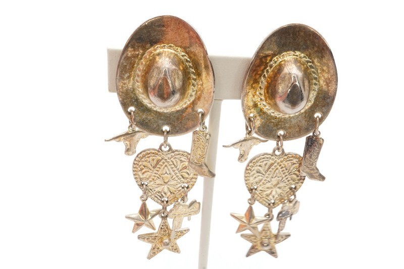 Vintage Clip On Earrings Gold Tone Texas Cowboy