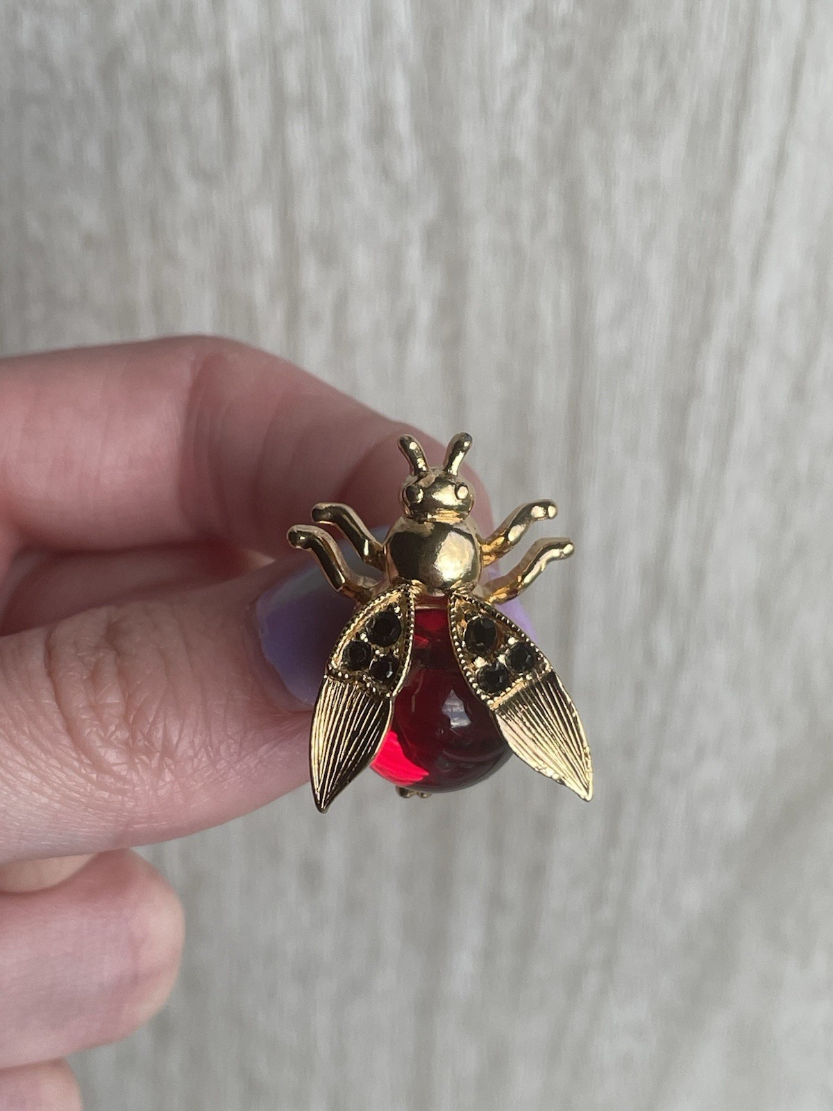 VTG Trifari Red Jelly Belly Trembler Wings Black Rhinestone Bug Bee Pin Brooch