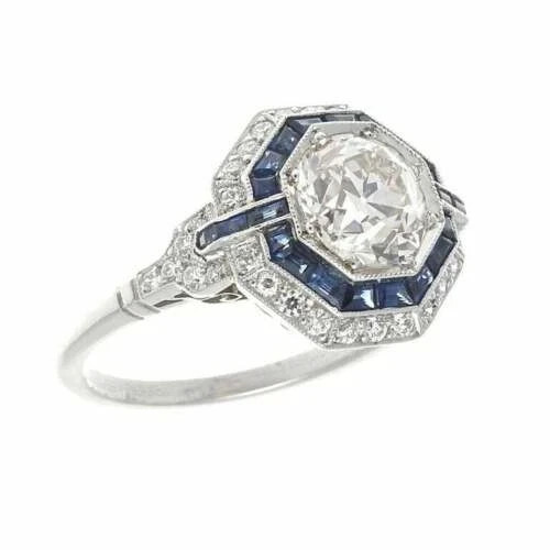 14K Gold FN 3.54CT Art Deco Sapphire Halo Lab Created Diamond Ring Vintage Style